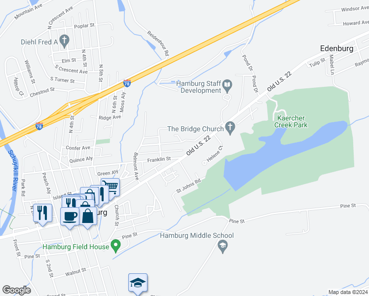 map of restaurants, bars, coffee shops, grocery stores, and more near 748 Girard Avenue in Hamburg