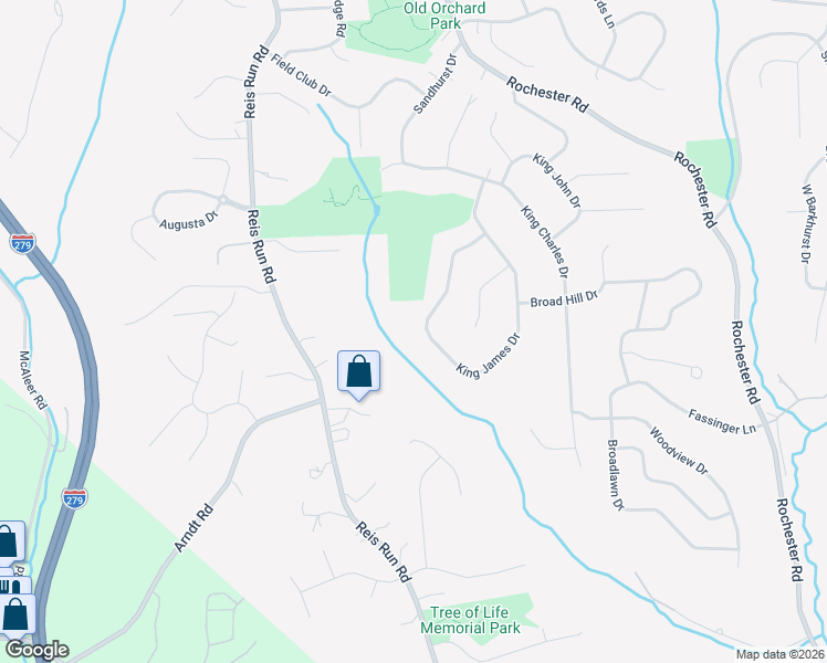 map of restaurants, bars, coffee shops, grocery stores, and more near 1621 King James Drive in Pittsburgh