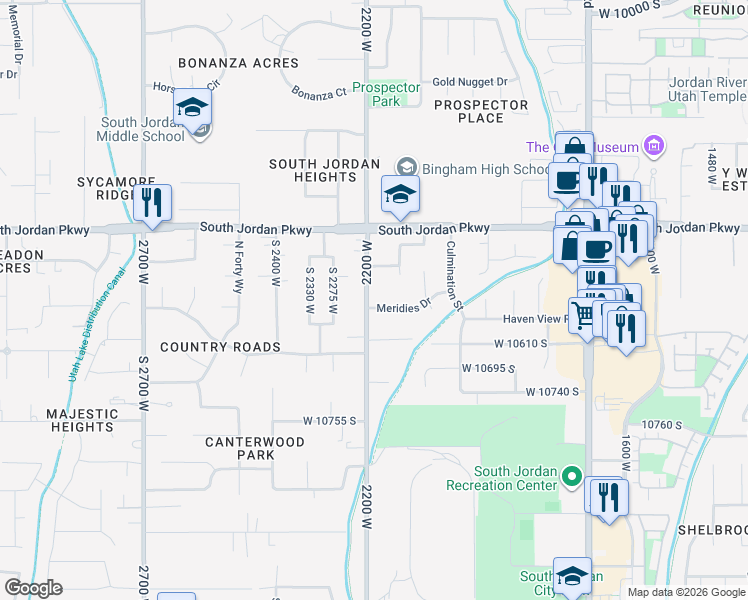 map of restaurants, bars, coffee shops, grocery stores, and more near 2182 Meridies Dr in South Jordan