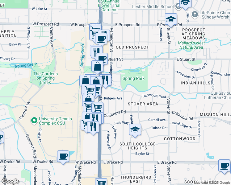 map of restaurants, bars, coffee shops, grocery stores, and more near 125 Dartmouth Trail in Fort Collins