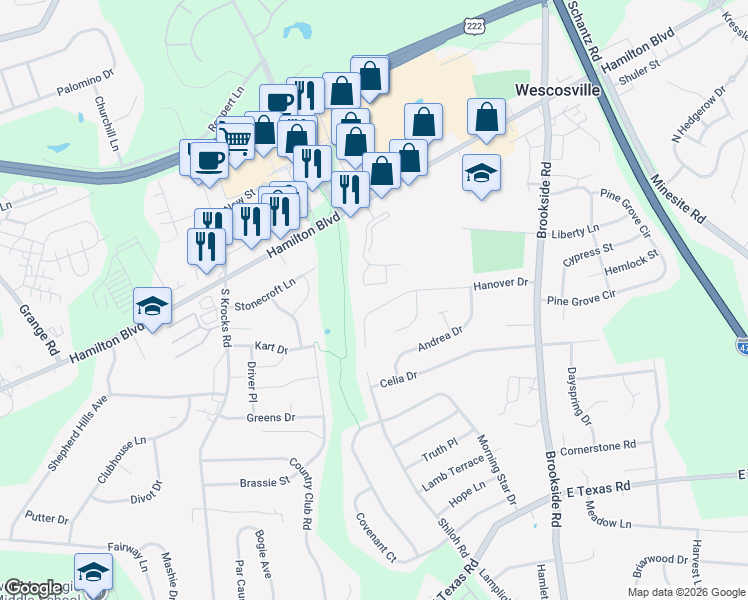 map of restaurants, bars, coffee shops, grocery stores, and more near 5375 Hanover Drive in Wescosville
