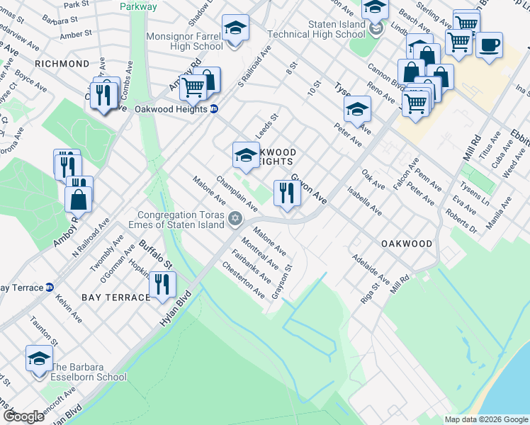 map of restaurants, bars, coffee shops, grocery stores, and more near 153 Champlain Avenue in Staten Island