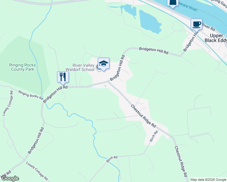 map of restaurants, bars, coffee shops, grocery stores, and more near 1684 Chestnut Ridge Road in Upper Black Eddy