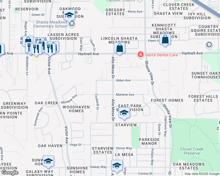 map of restaurants, bars, coffee shops, grocery stores, and more near 3260 Alta Mesa Drive in Redding