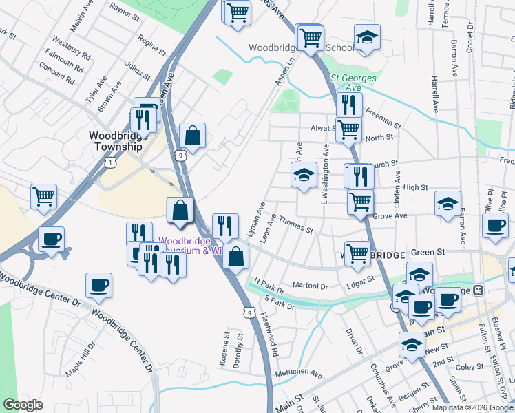 map of restaurants, bars, coffee shops, grocery stores, and more near 541 Lyman Avenue in Woodbridge Township