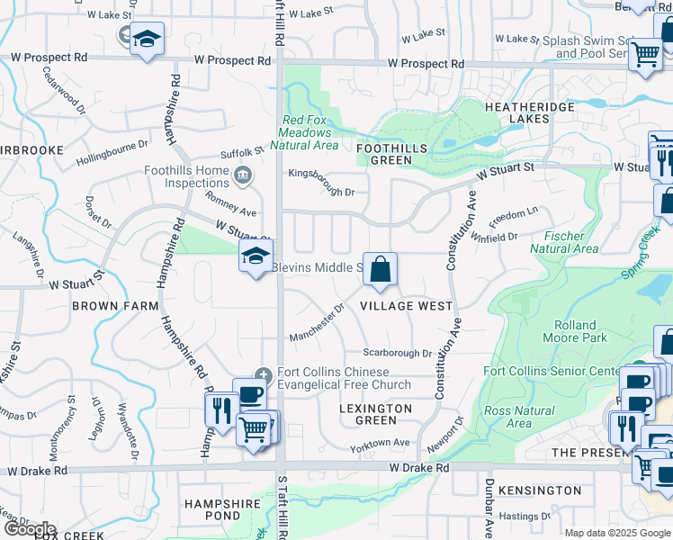 map of restaurants, bars, coffee shops, grocery stores, and more near 2100 Dover Drive in Fort Collins