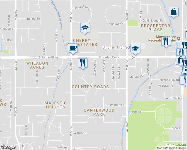 map of restaurants, bars, coffee shops, grocery stores, and more near 10530 North Forty Way in South Jordan