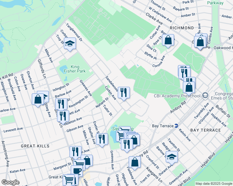 map of restaurants, bars, coffee shops, grocery stores, and more near 190 Sandalwood Dr in Staten Island