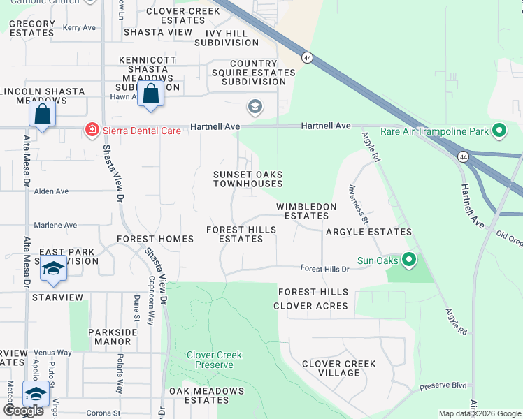 map of restaurants, bars, coffee shops, grocery stores, and more near 3266 Woodbury Drive in Redding