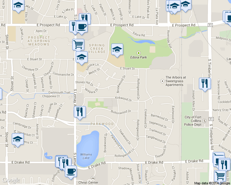 map of restaurants, bars, coffee shops, grocery stores, and more near 2025 Brookwood Drive in Fort Collins