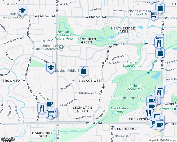 map of restaurants, bars, coffee shops, grocery stores, and more near 1818 Manchester Drive in Fort Collins