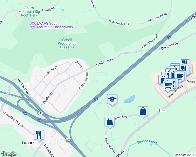 map of restaurants, bars, coffee shops, grocery stores, and more near 3506 Clarinbridge Way in Lehigh County