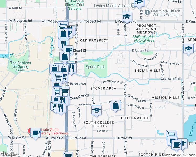 map of restaurants, bars, coffee shops, grocery stores, and more near 300 Dartmouth Trail in Fort Collins