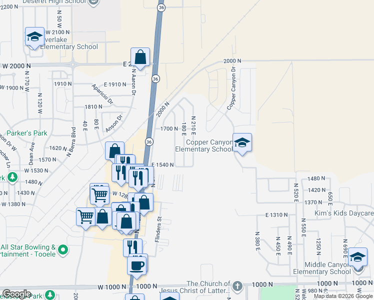 map of restaurants, bars, coffee shops, grocery stores, and more near 1604 180 East in Tooele