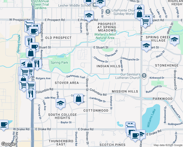map of restaurants, bars, coffee shops, grocery stores, and more near Dartmouth Trail in Fort Collins