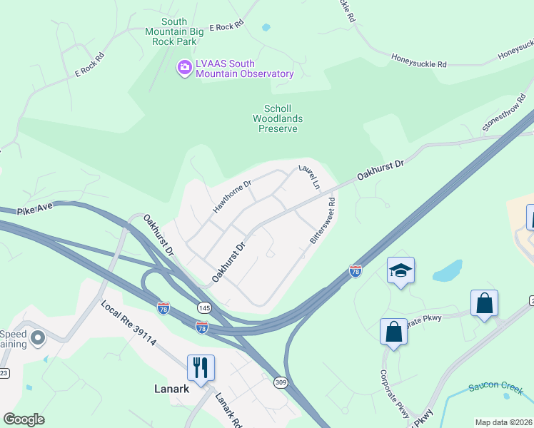 map of restaurants, bars, coffee shops, grocery stores, and more near 3683 Oakhurst Drive in Lehigh County