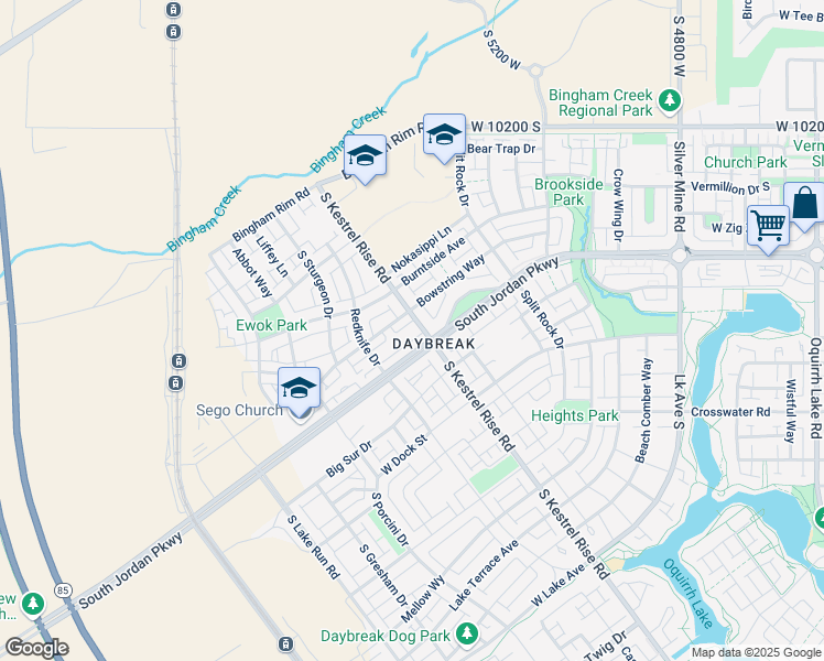 map of restaurants, bars, coffee shops, grocery stores, and more near 10542 Kestrel Rise Road in South Jordan