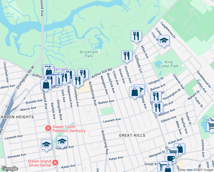 map of restaurants, bars, coffee shops, grocery stores, and more near 395 Abingdon Avenue in Staten Island