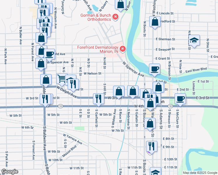 map of restaurants, bars, coffee shops, grocery stores, and more near 616 West 2nd Street in Marion