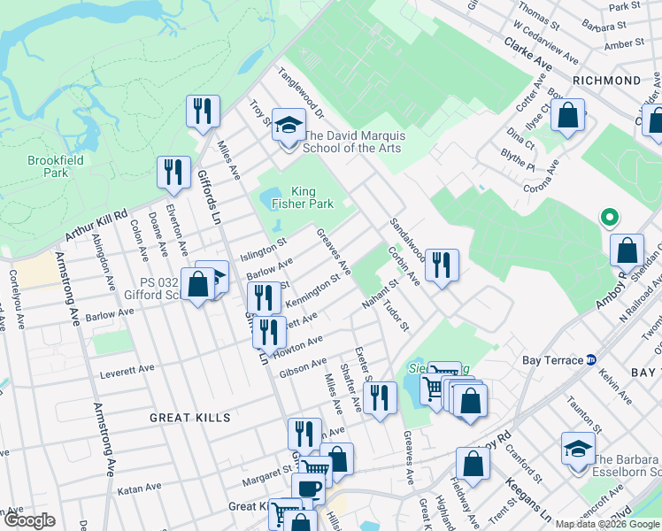 map of restaurants, bars, coffee shops, grocery stores, and more near 68 Jumel Street in Staten Island