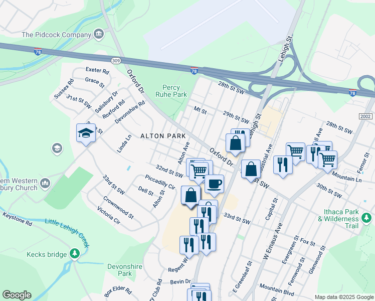 map of restaurants, bars, coffee shops, grocery stores, and more near 1831 31st St SW in Allentown