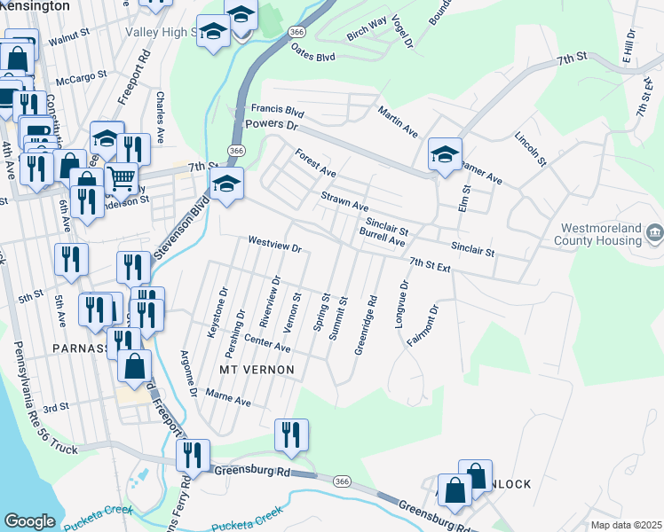 map of restaurants, bars, coffee shops, grocery stores, and more near 535 Spring Street in New Kensington