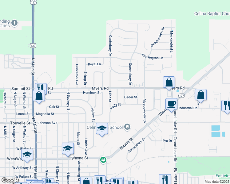 map of restaurants, bars, coffee shops, grocery stores, and more near 1013 Clover Ln in Celina