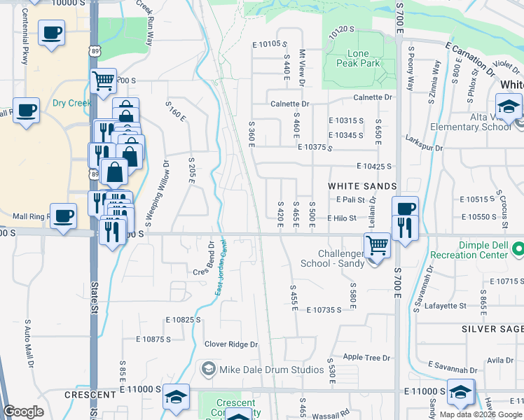 map of restaurants, bars, coffee shops, grocery stores, and more near 10536 South 360 East in Sandy