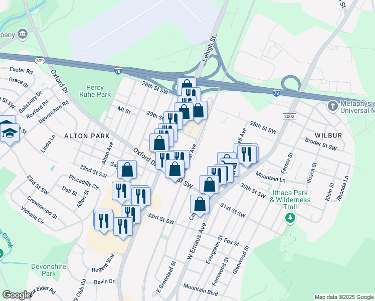 map of restaurants, bars, coffee shops, grocery stores, and more near 2919 Lehigh Street in Allentown