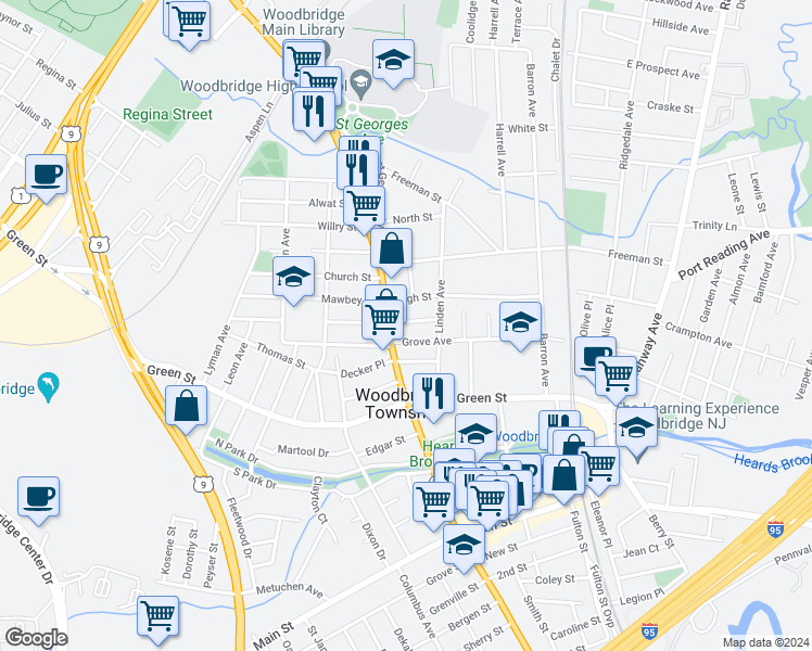 map of restaurants, bars, coffee shops, grocery stores, and more near 161 Dunham Place in Woodbridge Township
