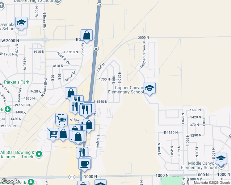 map of restaurants, bars, coffee shops, grocery stores, and more near 1604 180 East in Tooele