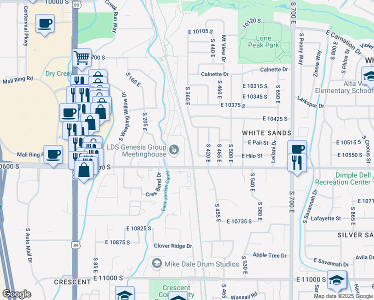 map of restaurants, bars, coffee shops, grocery stores, and more near 10423 South Sandy Sage Way in Sandy