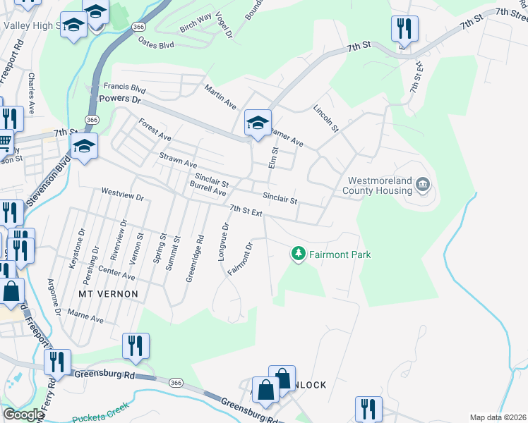 map of restaurants, bars, coffee shops, grocery stores, and more near 137 7th Street Extension in New Kensington