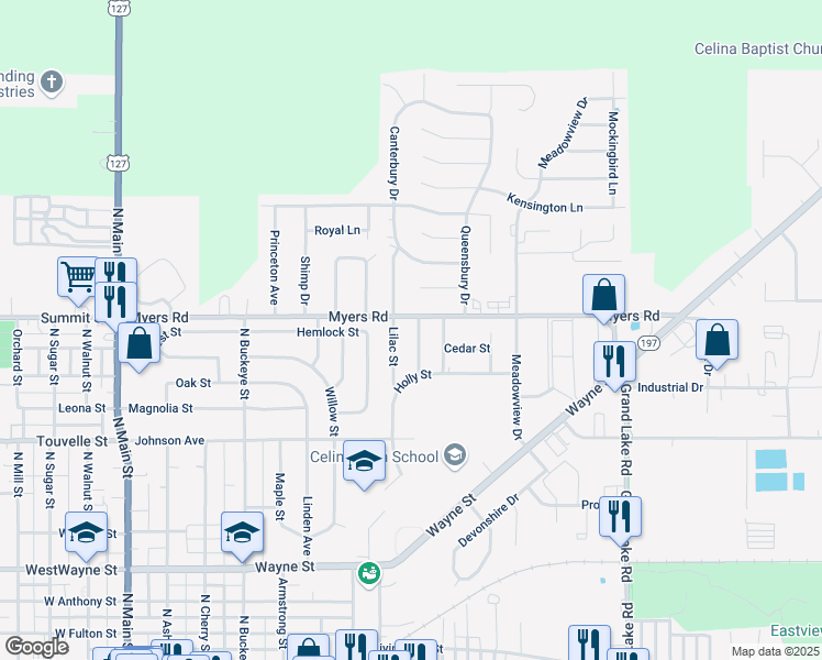 map of restaurants, bars, coffee shops, grocery stores, and more near 1013 Clover Lane in Celina