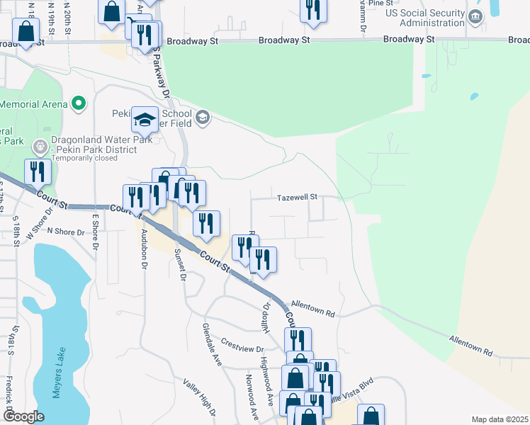 map of restaurants, bars, coffee shops, grocery stores, and more near 8 Briarcliff Court in Pekin