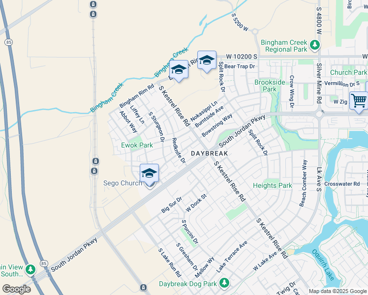 map of restaurants, bars, coffee shops, grocery stores, and more near 5288 West Bowstring Way in South Jordan