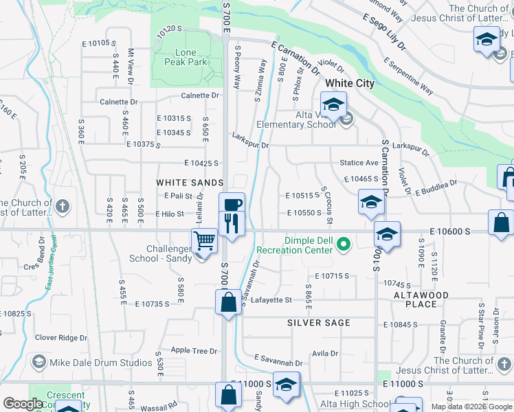 map of restaurants, bars, coffee shops, grocery stores, and more near 10530 South Silver Mountain Drive in Sandy