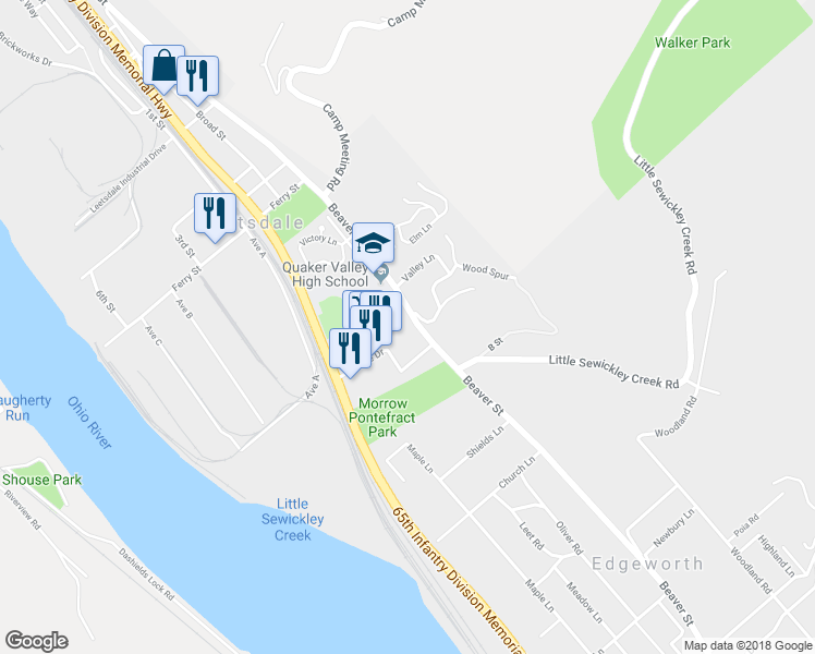 map of restaurants, bars, coffee shops, grocery stores, and more near 710 Beaver Street in Leetsdale
