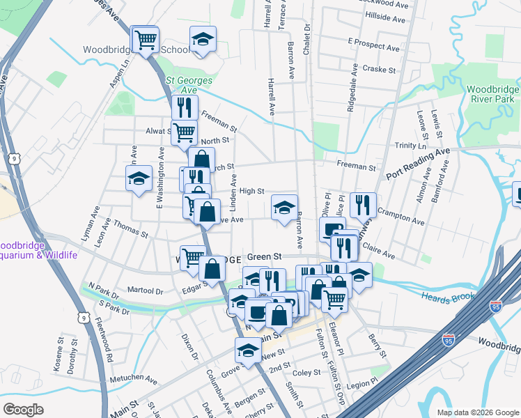 map of restaurants, bars, coffee shops, grocery stores, and more near 545 Myrtle Avenue in Woodbridge Township