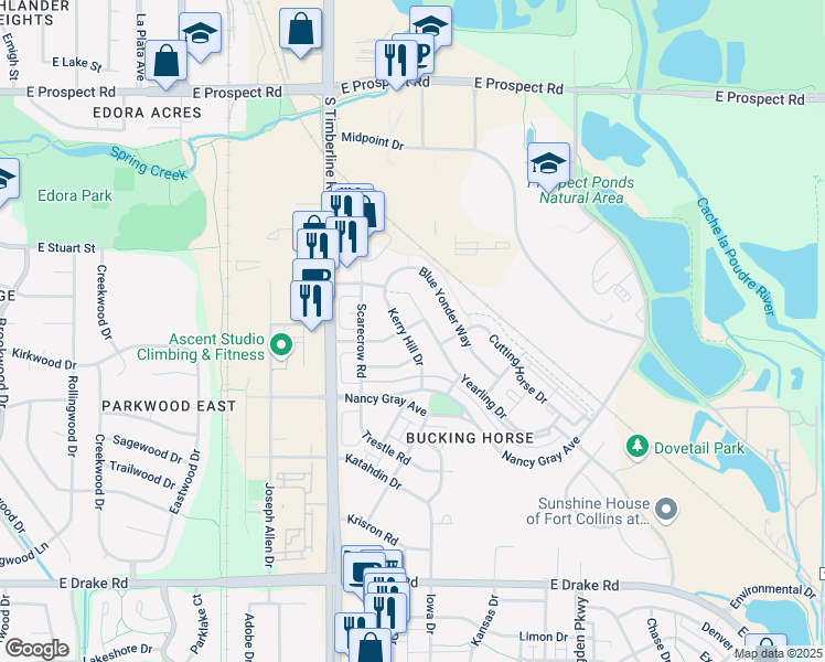 map of restaurants, bars, coffee shops, grocery stores, and more near 2102 Kerry Hill Drive in Fort Collins