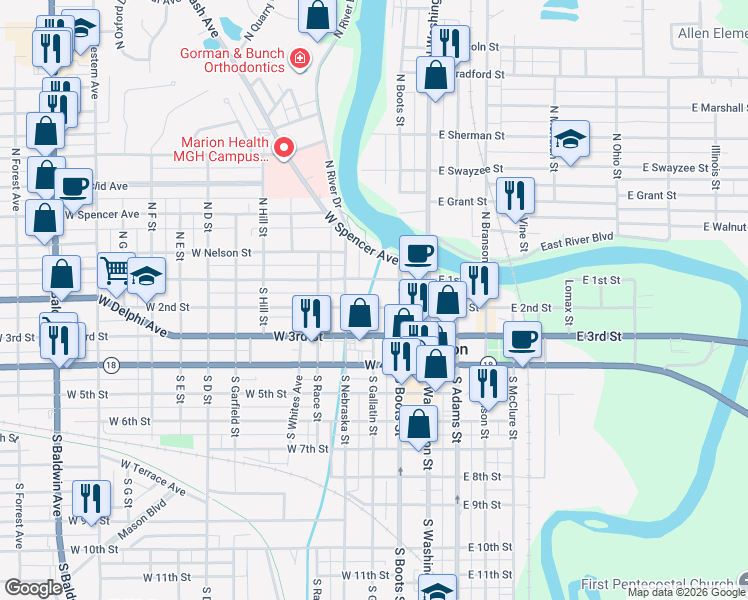 map of restaurants, bars, coffee shops, grocery stores, and more near 222 West 2nd Street in Marion