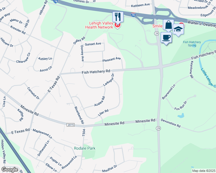 map of restaurants, bars, coffee shops, grocery stores, and more near 3880 Azalea Road in Allentown