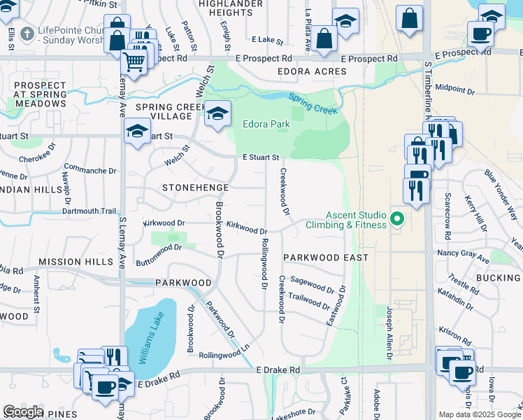 map of restaurants, bars, coffee shops, grocery stores, and more near 1531 Rolf Court in Fort Collins