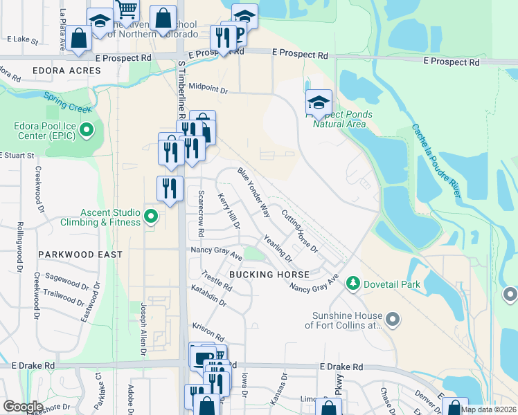 map of restaurants, bars, coffee shops, grocery stores, and more near 2008 Cocklebur Lane in Fort Collins