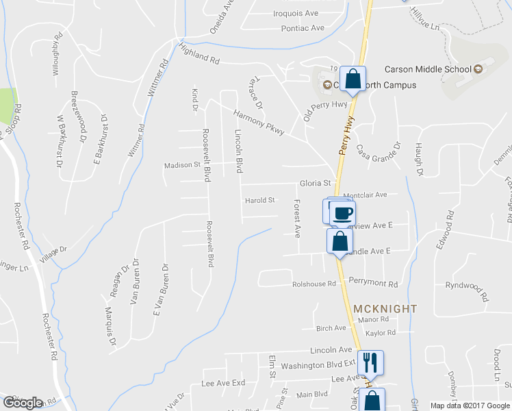 map of restaurants, bars, coffee shops, grocery stores, and more near 381 Harold St in Pittsburgh