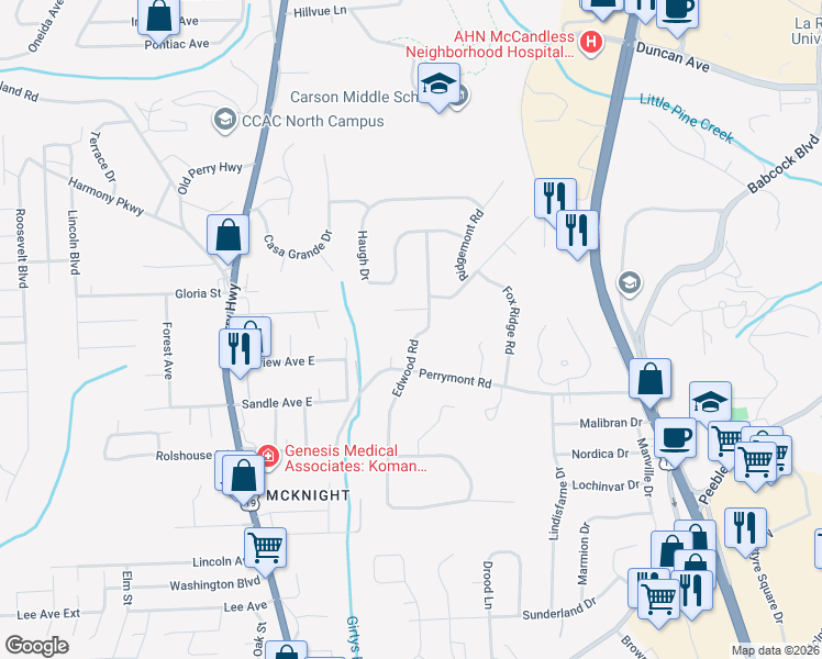 map of restaurants, bars, coffee shops, grocery stores, and more near 8409 Edwood Rd in Pittsburgh