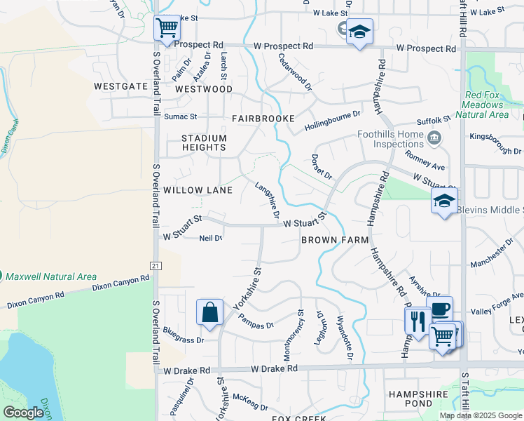 map of restaurants, bars, coffee shops, grocery stores, and more near 2713 Lamona Court in Fort Collins