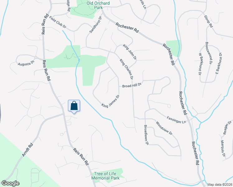 map of restaurants, bars, coffee shops, grocery stores, and more near 1601 King James Drive in Pittsburgh