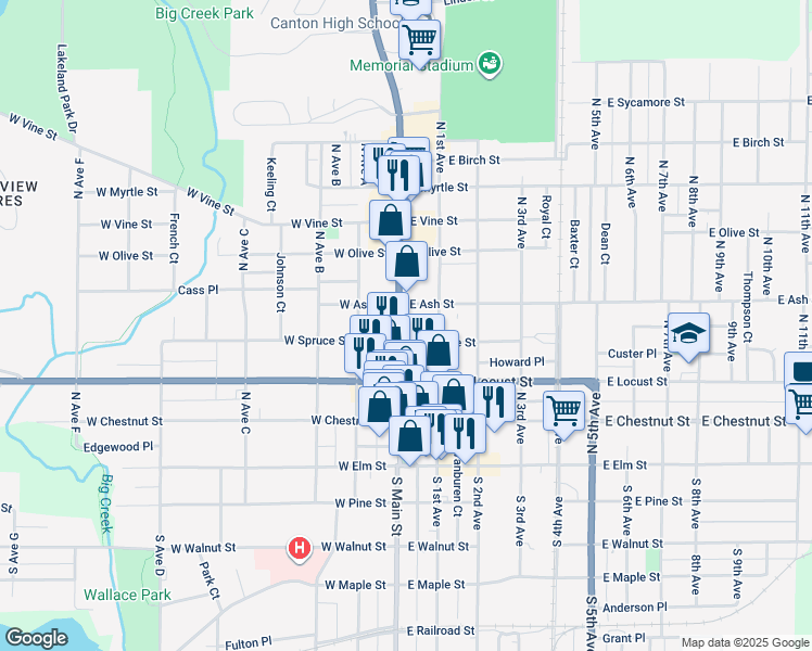 map of restaurants, bars, coffee shops, grocery stores, and more near 327 North Main Street in Canton