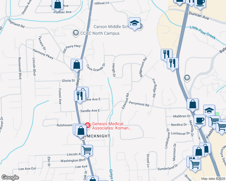 map of restaurants, bars, coffee shops, grocery stores, and more near 8424 Harmony Road in Pittsburgh